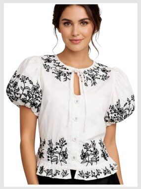 Love the Label Blouse White Embroidered Puff Sleeve M